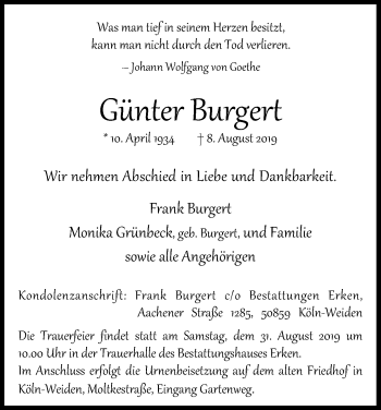 Anzeige von Günter Burgert von Kölner Stadt-Anzeiger / Kölnische Rundschau / Express