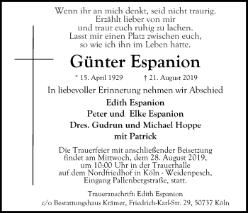 Anzeige von Günter Espanion von Kölner Stadt-Anzeiger / Kölnische Rundschau / Express