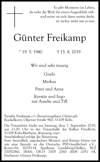 Anzeige von Günter Freikamp von Kölner Stadt-Anzeiger / Kölnische Rundschau / Express