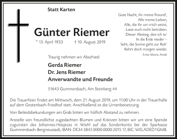 Anzeige von Günter Riemer von  Anzeigen Echo 