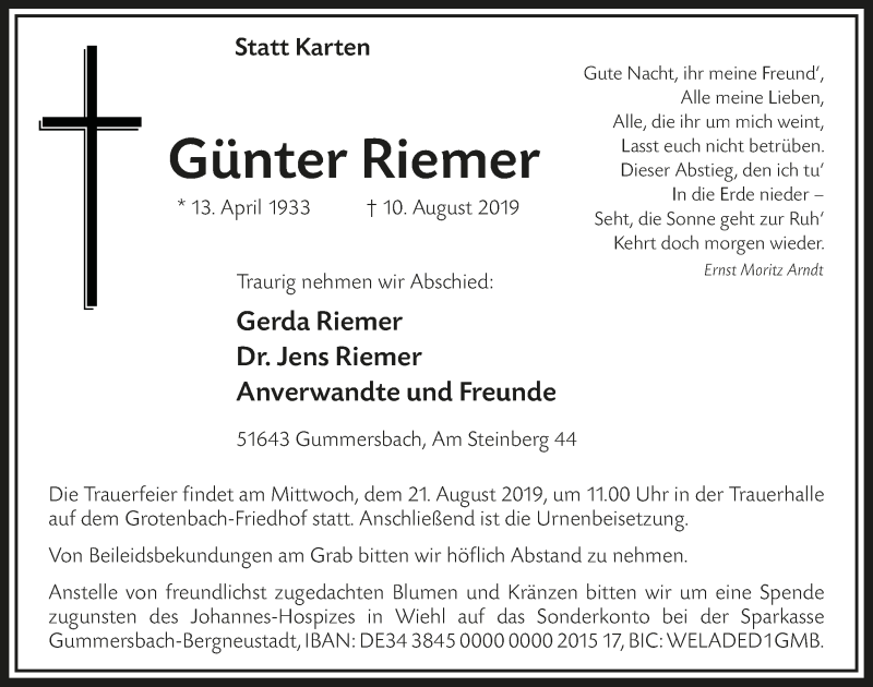  Traueranzeige für Günter Riemer vom 14.08.2019 aus  Anzeigen Echo 