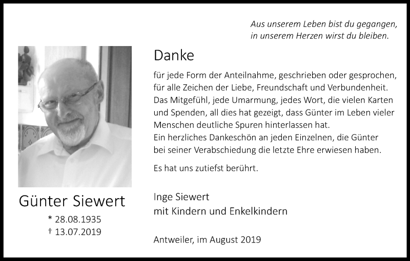  Traueranzeige für Günter Siewert vom 31.08.2019 aus Kölner Stadt-Anzeiger / Kölnische Rundschau / Express