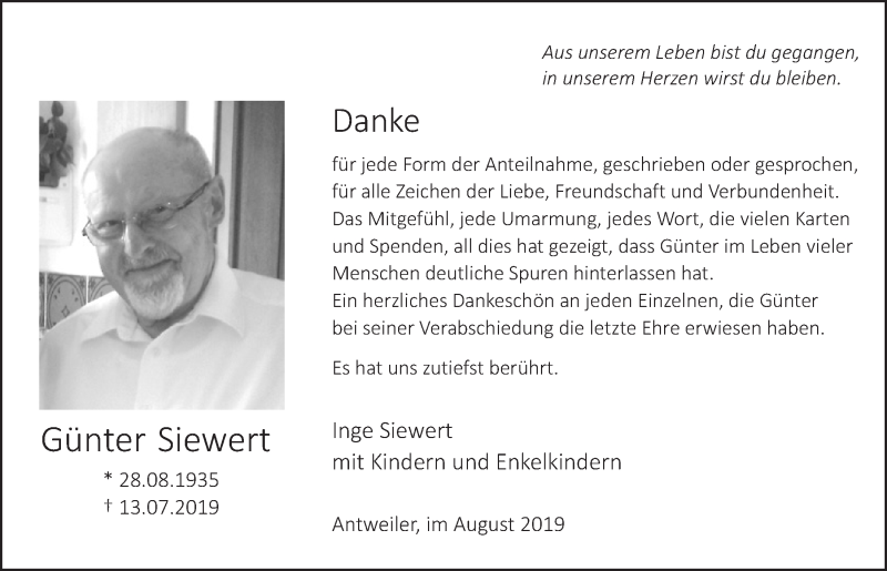  Traueranzeige für Günter Siewert vom 31.08.2019 aus  Blickpunkt Euskirchen 
