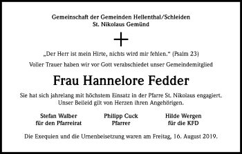 Anzeige von Hannelore Fedder von Kölner Stadt-Anzeiger / Kölnische Rundschau / Express