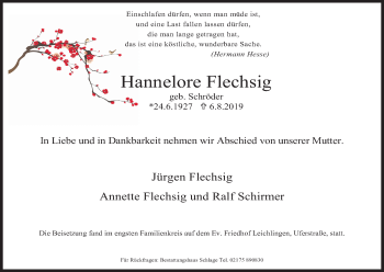 Anzeige von Hannelore Flechsig von Kölner Stadt-Anzeiger / Kölnische Rundschau / Express