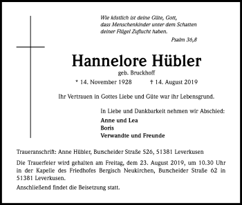 Anzeige von Hannelore Hübler von Kölner Stadt-Anzeiger / Kölnische Rundschau / Express