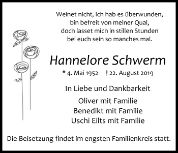 Anzeige von Hannelore Schwerm von Kölner Stadt-Anzeiger / Kölnische Rundschau / Express
