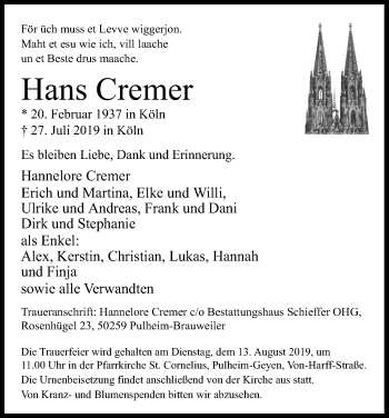 Anzeige von Hans Cremer von Kölner Stadt-Anzeiger / Kölnische Rundschau / Express