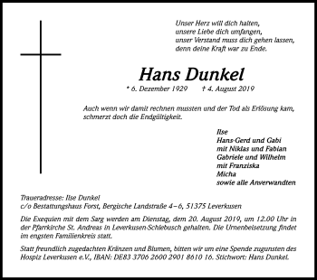 Anzeige von Hans Dunkel von Kölner Stadt-Anzeiger / Kölnische Rundschau / Express