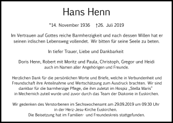 Anzeige von Hans Henn von Kölner Stadt-Anzeiger / Kölnische Rundschau / Express