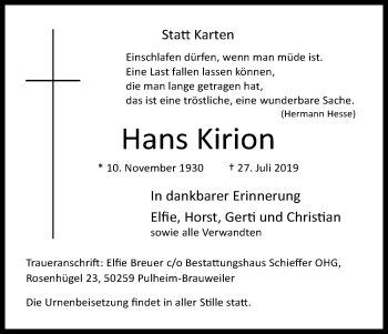 Anzeige von Hans Kirion von Kölner Stadt-Anzeiger / Kölnische Rundschau / Express