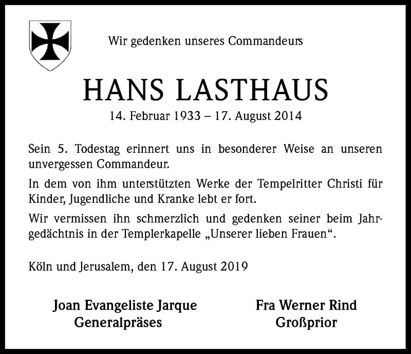  Traueranzeige für Hans Lasthaus vom 17.08.2019 aus Kölner Stadt-Anzeiger / Kölnische Rundschau / Express
