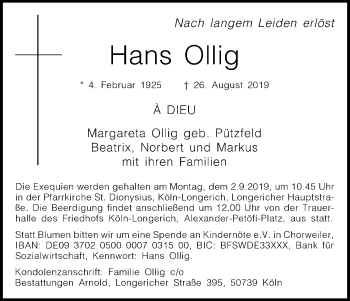 Anzeige von Hans Ollig von Kölner Stadt-Anzeiger / Kölnische Rundschau / Express
