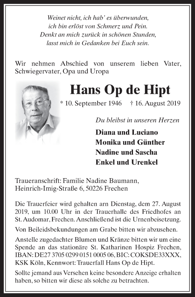 Traueranzeige für Hans  Op de Hipt vom 21.08.2019 aus  Wochenende 