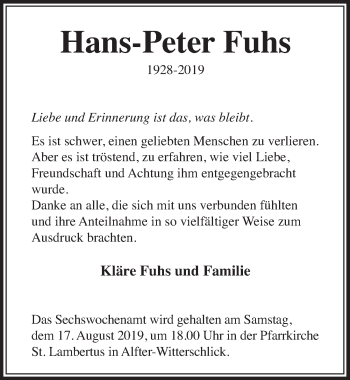 Anzeige von Hans-Peter Fuhs von  Schaufenster/Blickpunkt 