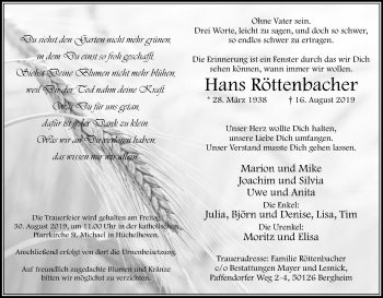 Anzeige von Hans Röttenbacher von Kölner Stadt-Anzeiger / Kölnische Rundschau / Express