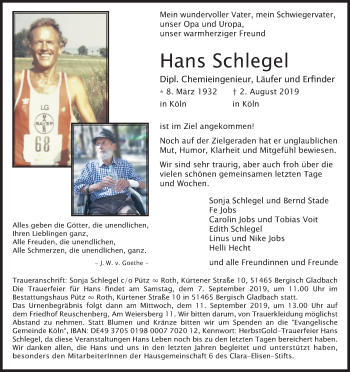 Anzeige von Hans Schlegel von Kölner Stadt-Anzeiger / Kölnische Rundschau / Express