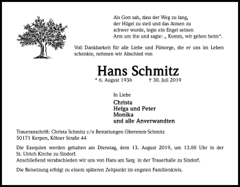 Anzeige von Hans Schmitz von Kölner Stadt-Anzeiger / Kölnische Rundschau / Express