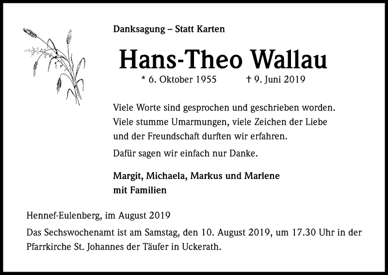 Traueranzeige für Hans-Theo Wallau vom 06.08.2019 aus Kölner Stadt-Anzeiger / Kölnische Rundschau / Express