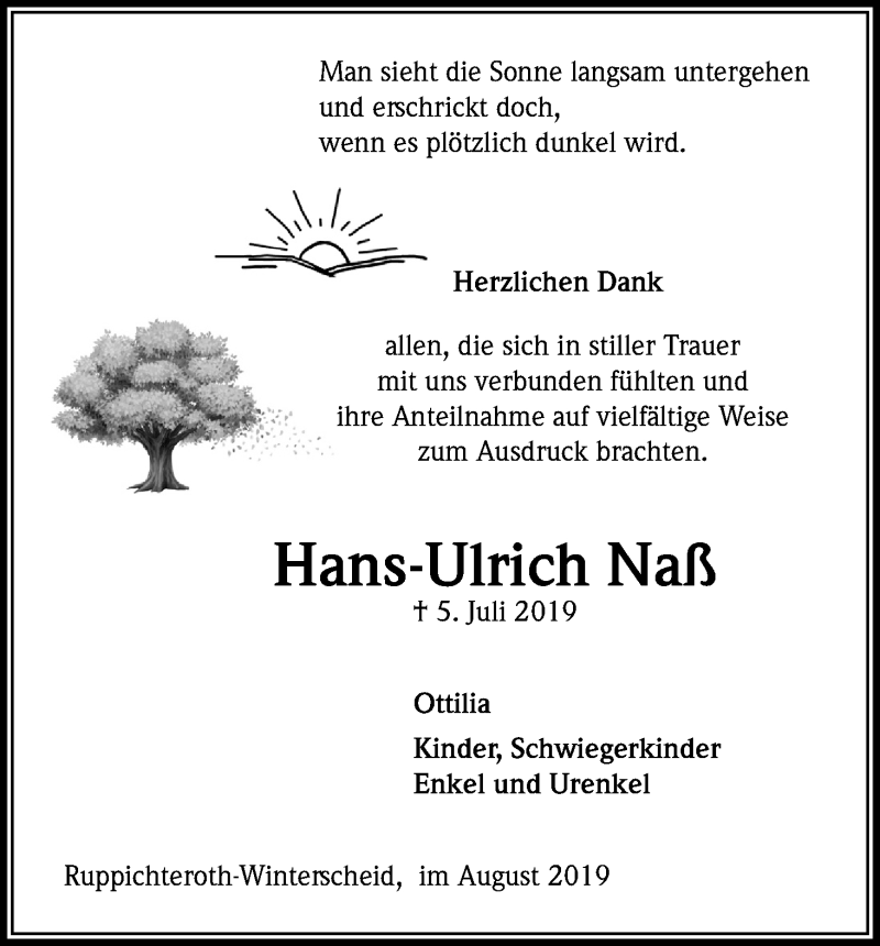  Traueranzeige für Hans-Ulrich Naß vom 07.08.2019 aus Kölner Stadt-Anzeiger / Kölnische Rundschau / Express