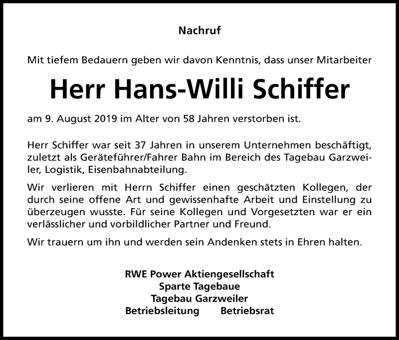  Traueranzeige für Hans-Willi Schiffer vom 27.08.2019 aus Kölner Stadt-Anzeiger / Kölnische Rundschau / Express