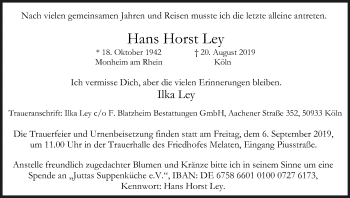 Anzeige von Hans Horst Ley von Kölner Stadt-Anzeiger / Kölnische Rundschau / Express