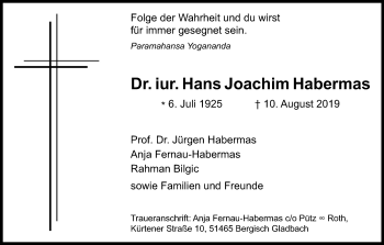 Anzeige von Hans Joachim Habermas von Kölner Stadt-Anzeiger / Kölnische Rundschau / Express