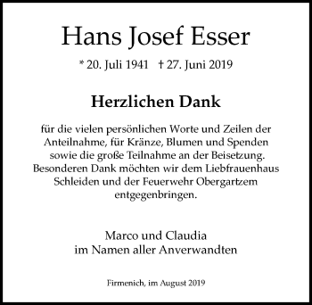 Anzeige von Hans Josef Esser von  Blickpunkt Euskirchen 