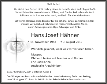 Anzeige von Hans Josef Hähner von  Lokalanzeiger 