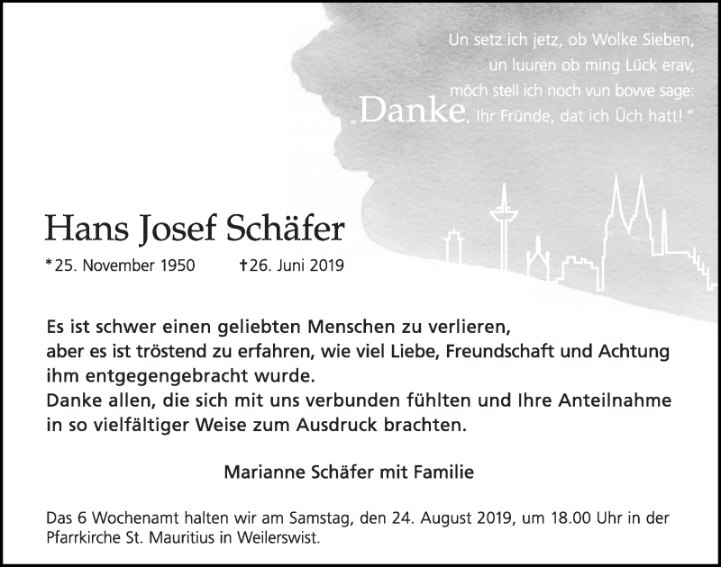  Traueranzeige für Hans Josef Schäfer vom 10.08.2019 aus  Blickpunkt Euskirchen 