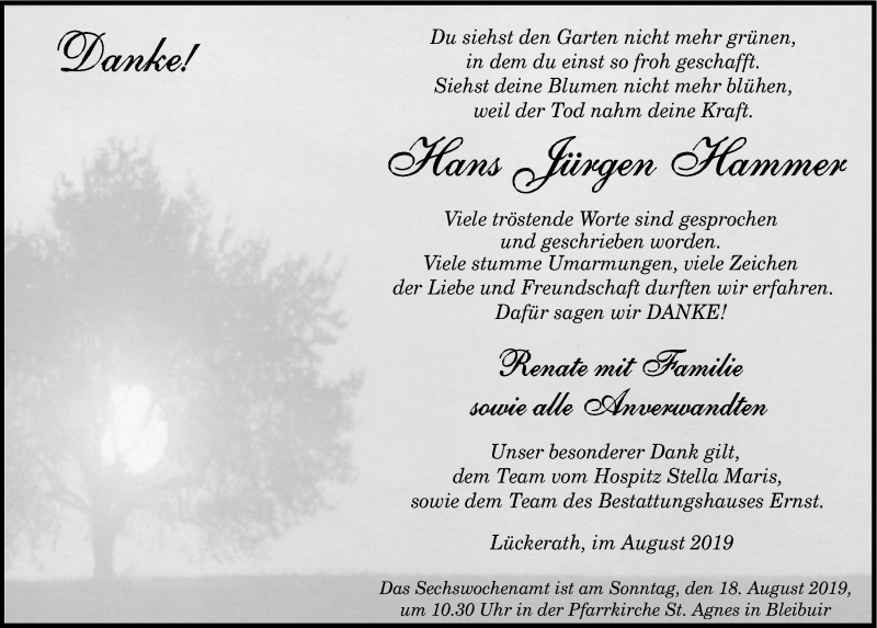  Traueranzeige für Hans Jürgen Hammer vom 10.08.2019 aus  Blickpunkt Euskirchen 