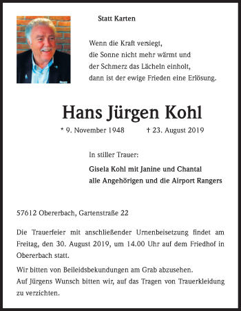 Anzeige von Hans Jürgen Kohl von Kölner Stadt-Anzeiger / Kölnische Rundschau / Express