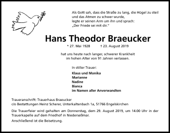 Anzeige von Hans Theodor Braeucker von Kölner Stadt-Anzeiger / Kölnische Rundschau / Express