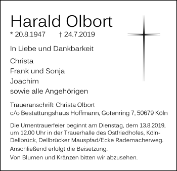 Anzeige von Harald Olbort von Kölner Stadt-Anzeiger / Kölnische Rundschau / Express