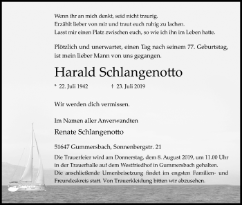 Anzeige von Harald Schlangenotto von Kölner Stadt-Anzeiger / Kölnische Rundschau / Express