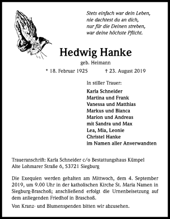Anzeige von Hedwig Hanke von Kölner Stadt-Anzeiger / Kölnische Rundschau / Express