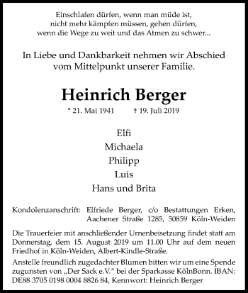 Anzeige von Heinrich Berger von Kölner Stadt-Anzeiger / Kölnische Rundschau / Express