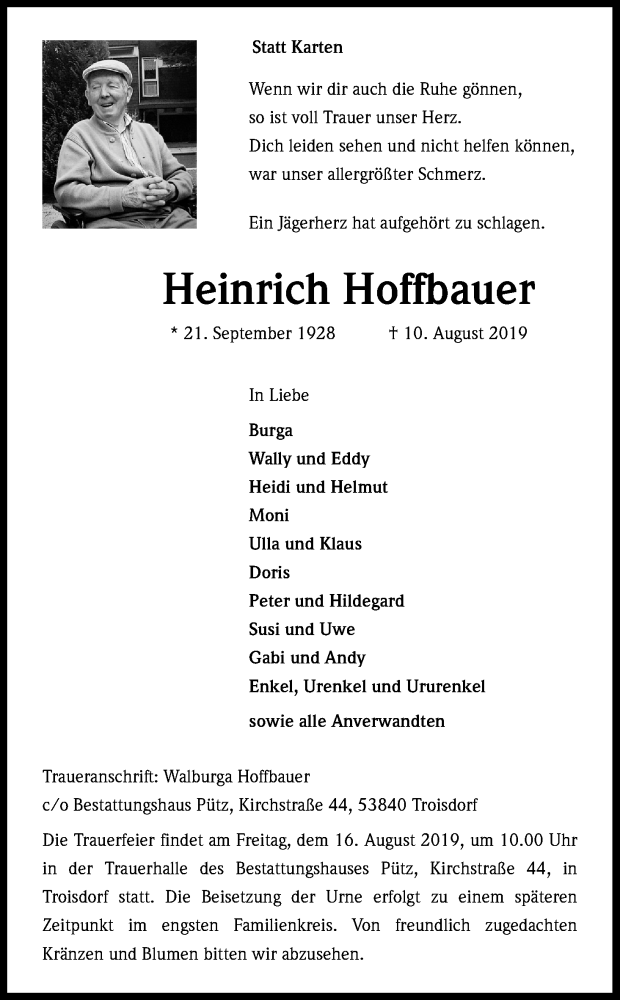  Traueranzeige für Heinrich Hoffbauer vom 14.08.2019 aus Kölner Stadt-Anzeiger / Kölnische Rundschau / Express