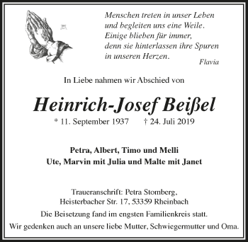 Anzeige von Heinrich-Josef Beißel von  Schaufenster/Blickpunkt 