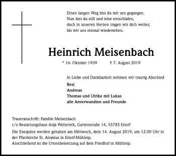 Anzeige von Heinrich Meisenbach von Kölner Stadt-Anzeiger / Kölnische Rundschau / Express