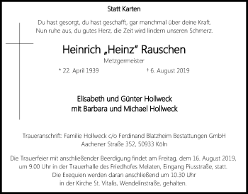 Anzeige von Heinrich Rauschen von Kölner Stadt-Anzeiger / Kölnische Rundschau / Express