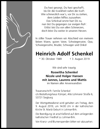 Anzeige von Heinrich Adolf Schenkel von Kölner Stadt-Anzeiger / Kölnische Rundschau / Express