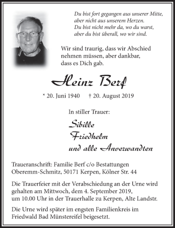 Anzeige von Heinz Berf von  Sonntags-Post 