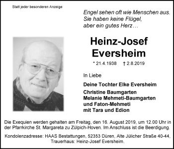 Anzeige von Heinz-Josef Eversheim von  Blickpunkt Euskirchen 