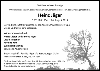 Anzeige von Heinz Jäger von  Kölner Wochenspiegel 