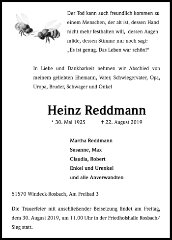 Anzeige von Heinz Reddmann von Kölner Stadt-Anzeiger / Kölnische Rundschau / Express