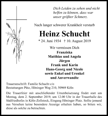 Anzeige von Heinz Schucht von Kölner Stadt-Anzeiger / Kölnische Rundschau / Express