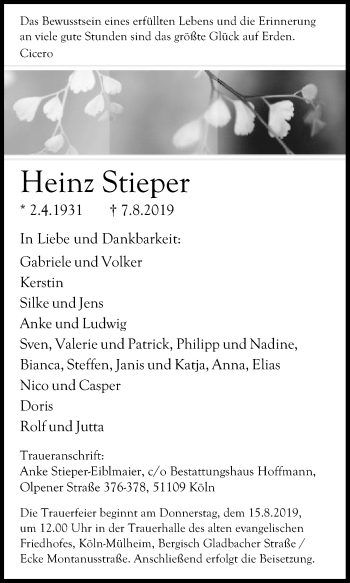Anzeige von Heinz Stieper von Kölner Stadt-Anzeiger / Kölnische Rundschau / Express