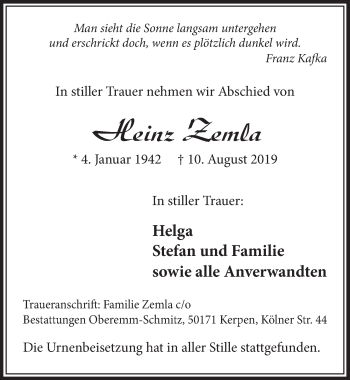 Anzeige von Heinz Zemla von  Sonntags-Post 
