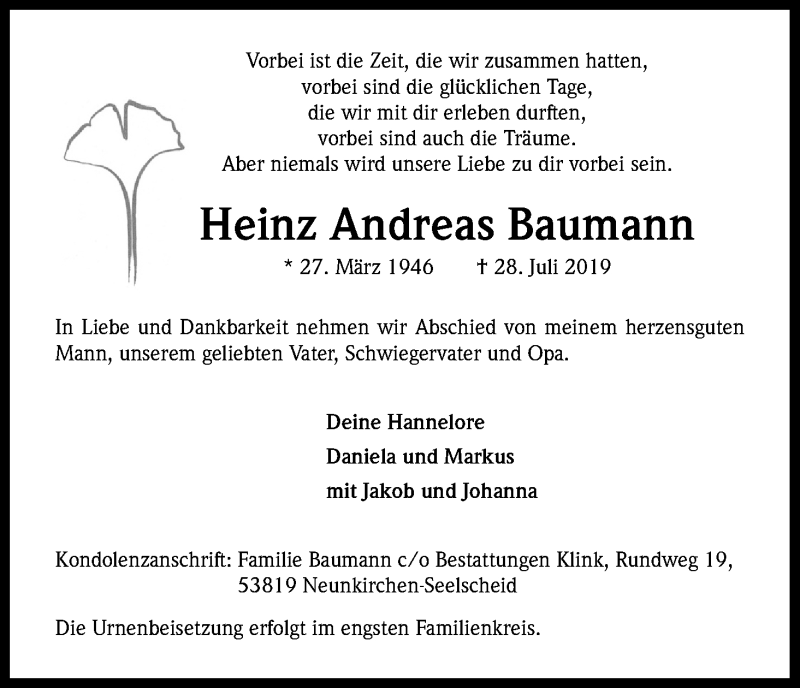  Traueranzeige für Heinz Andreas Baumann vom 03.08.2019 aus Kölner Stadt-Anzeiger / Kölnische Rundschau / Express